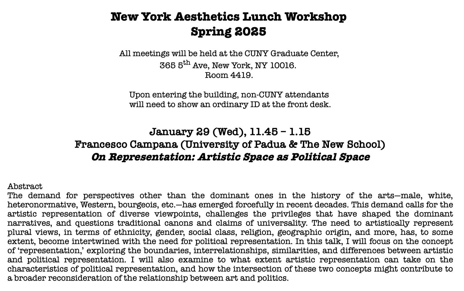 On Representation: Artistic Space as Political Space (Jan. 29, 2025, New York)